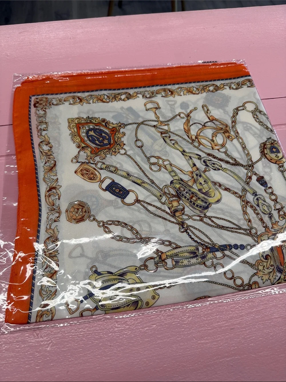 Silk-Feel Orange & White Printed Neck Scarf